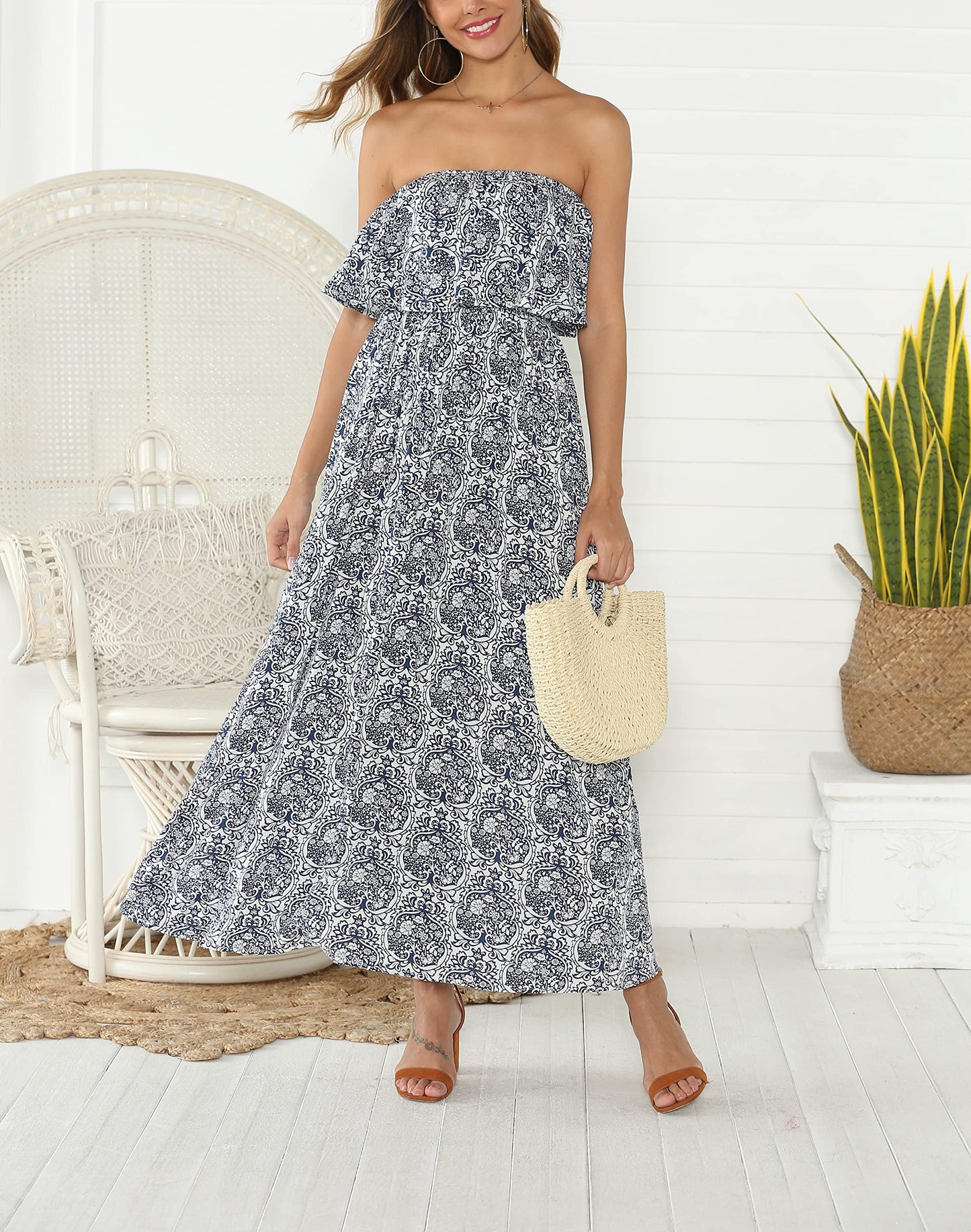 LOMMOJ Women's Summer Off The Shoulder Maxi Dress Ruffle Strapless Blue White Porcelain Boho Casual Loose Long Dress