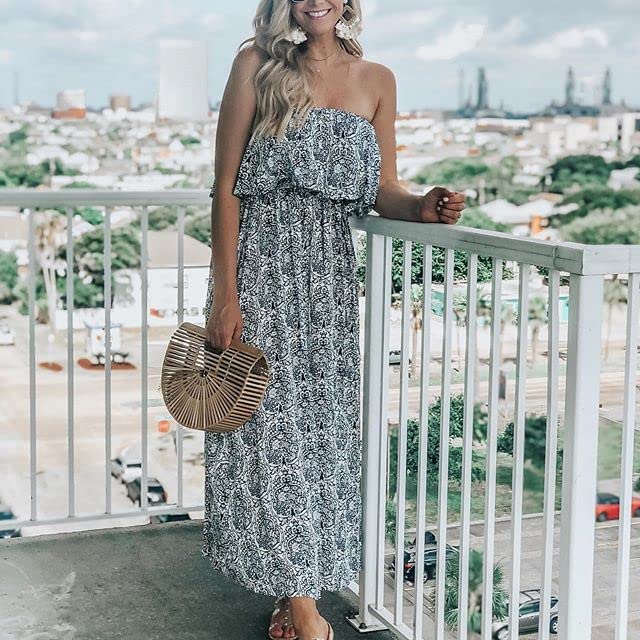 LOMMOJ Women's Summer Off The Shoulder Maxi Dress Ruffle Strapless Blue White Porcelain Boho Casual Loose Long Dress