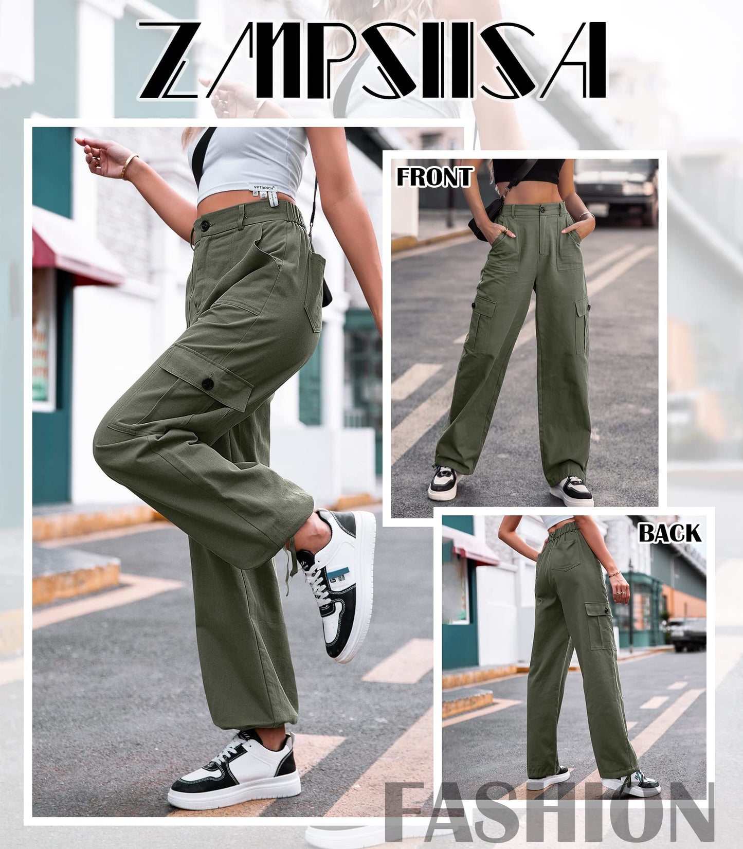 LOMMOJ Women High Waisted Cargo Pants Wide Leg Casual Pants 6 Pockets Combat Military Trousers
