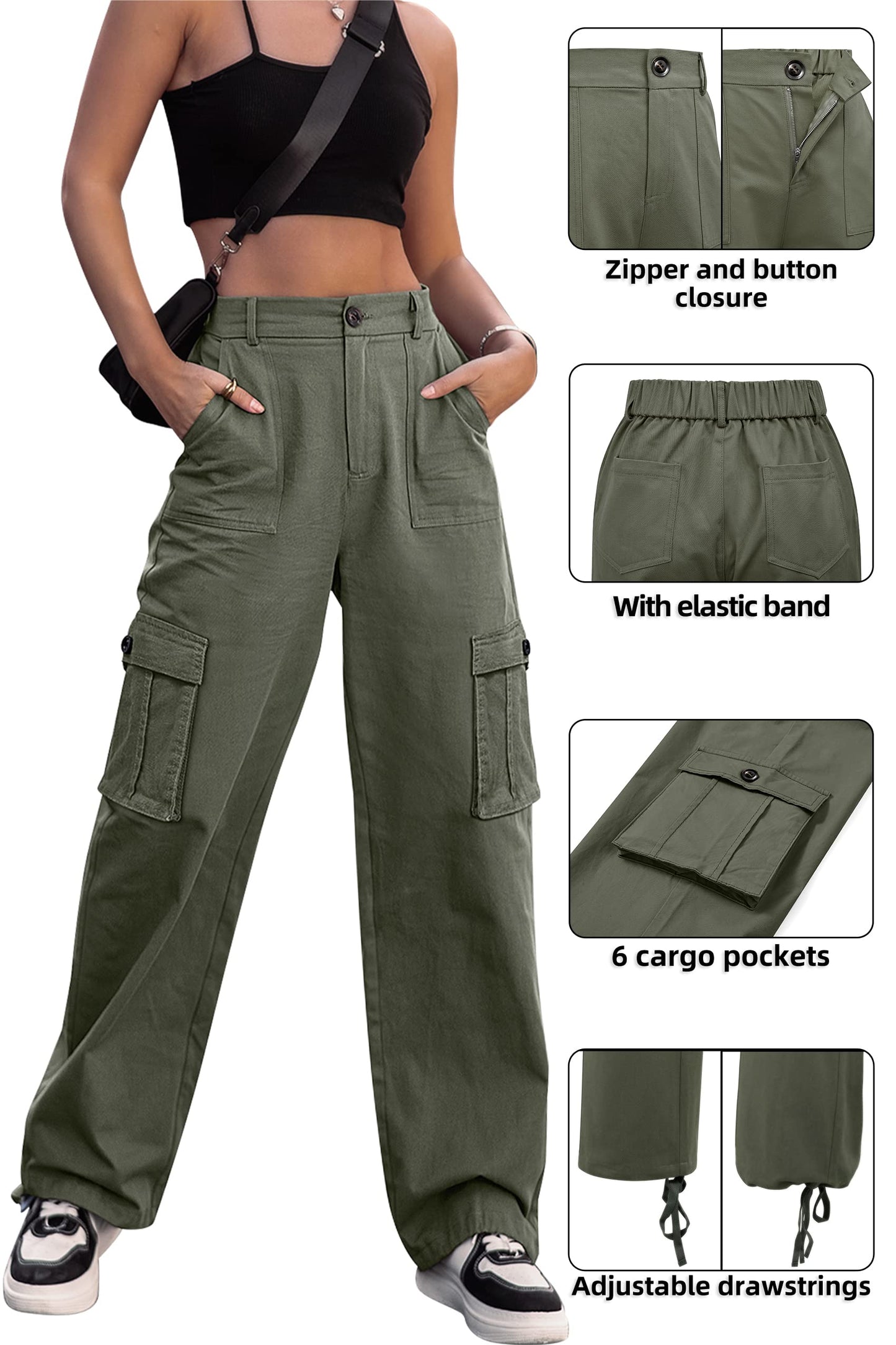 LOMMOJ Women High Waisted Cargo Pants Wide Leg Casual Pants 6 Pockets Combat Military Trousers