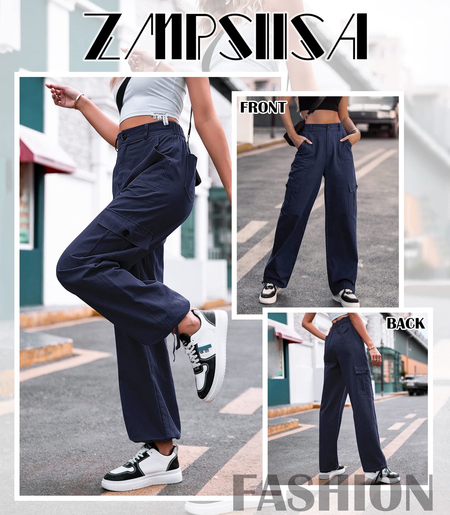 LOMMOJ Women High Waisted Cargo Pants Wide Leg Casual Pants 6 Pockets Combat Military Trousers
