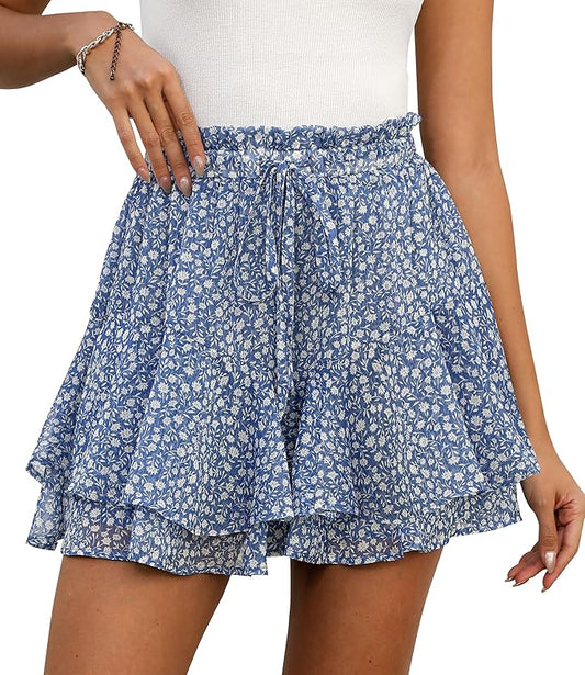 LOMMOJ Shorts for Women Summer Casual Chiffon Skorts Boho Ruffle Tennis Mini Skirts