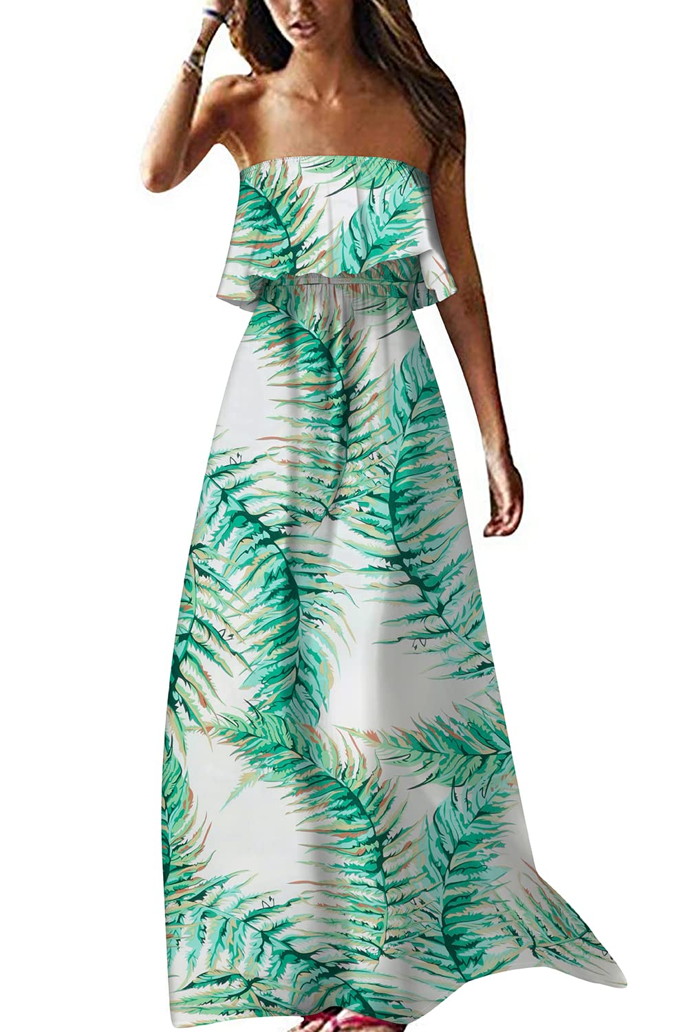 LOMMOJ Women's Summer Off The Shoulder Maxi Dress Ruffle Strapless Blue White Porcelain Boho Casual Loose Long Dress