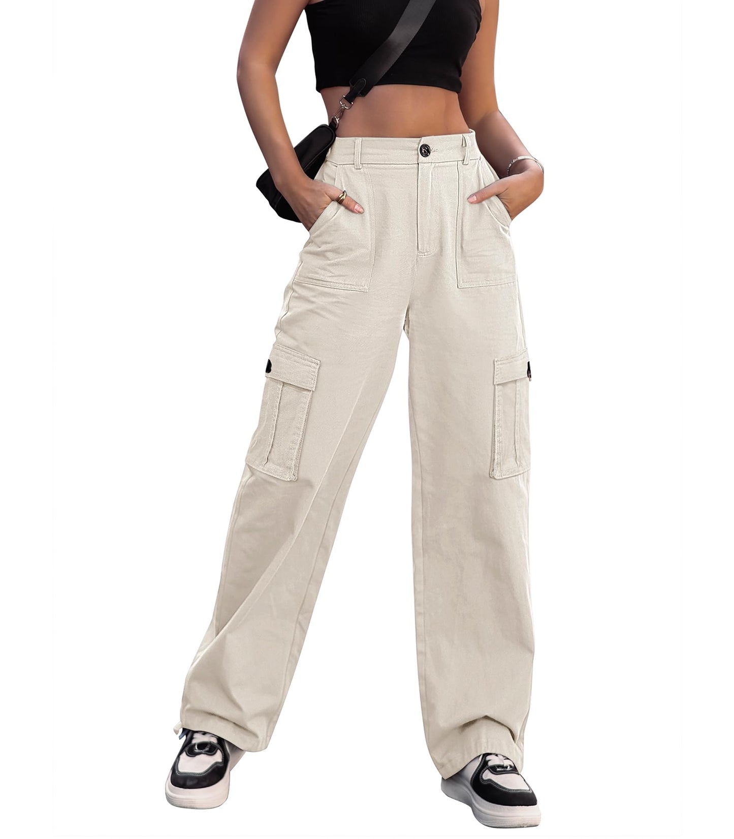 LOMMOJ Women High Waisted Cargo Pants Wide Leg Casual Pants 6 Pockets Combat Military Trousers