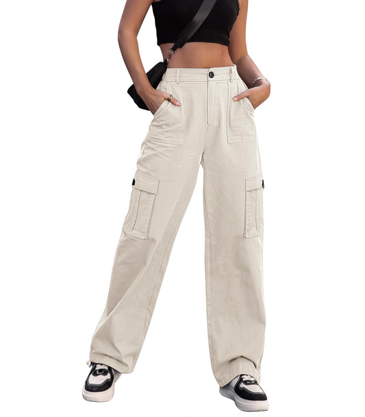 LOMMOJ Women High Waisted Cargo Pants Wide Leg Casual Pants 6 Pockets Combat Military Trousers
