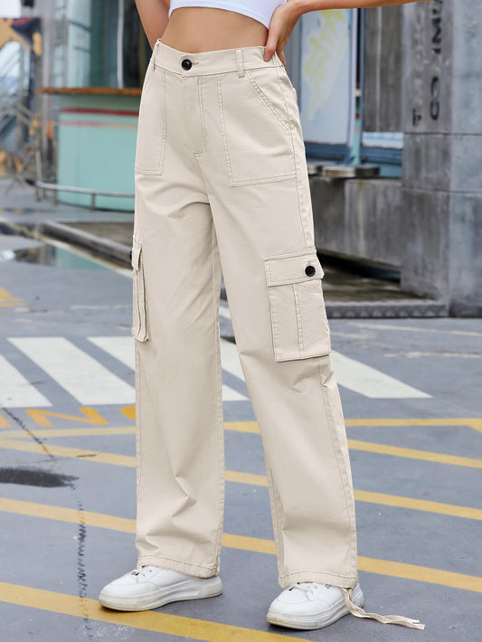 LOMMOJ Women High Waisted Cargo Pants Wide Leg Casual Pants 6 Pockets Combat Military Trousers