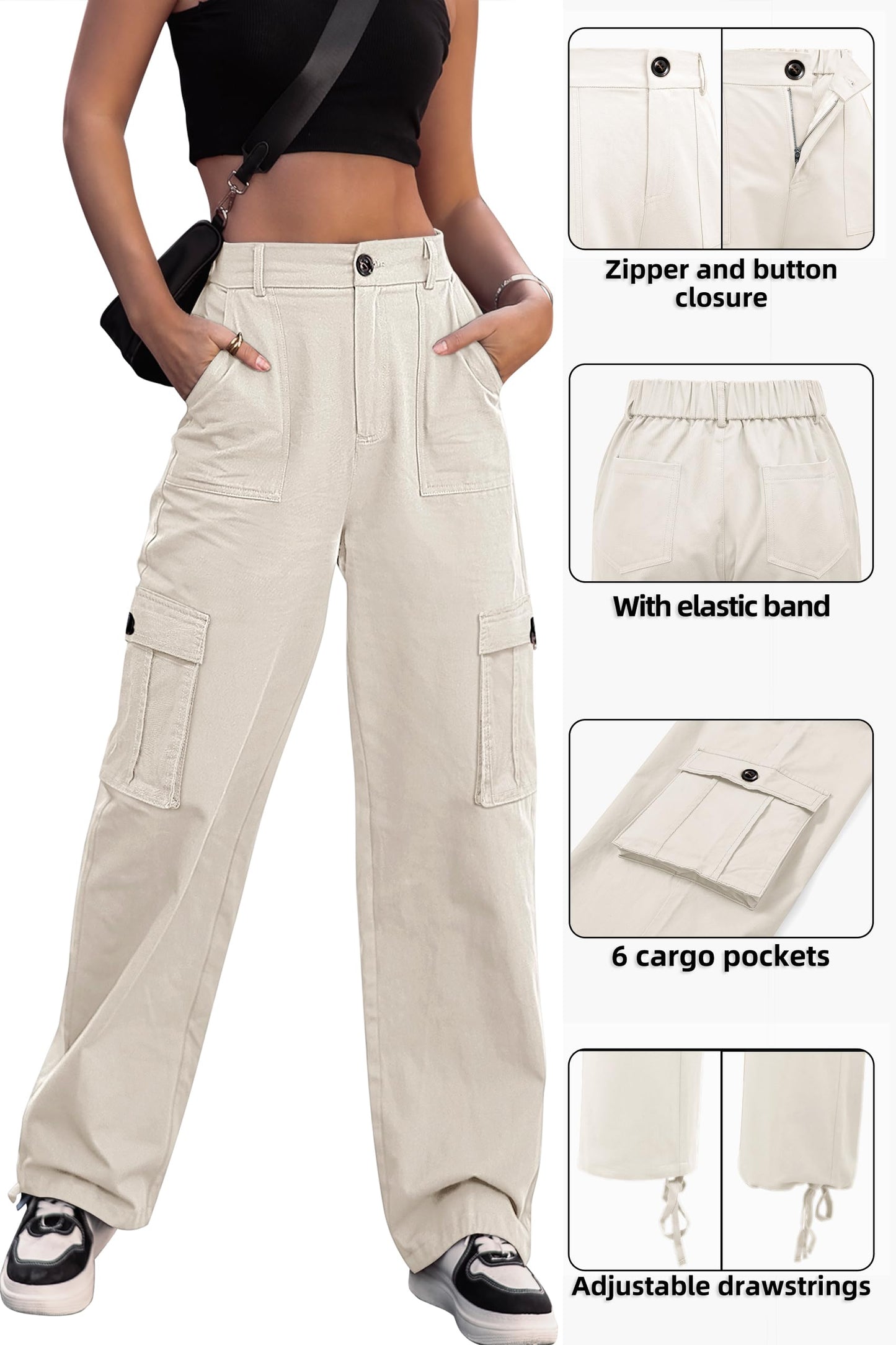 LOMMOJ Women High Waisted Cargo Pants Wide Leg Casual Pants 6 Pockets Combat Military Trousers