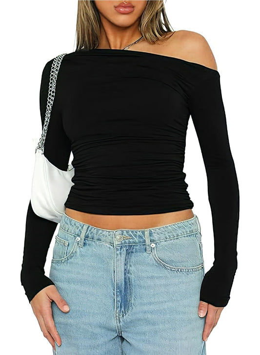 LOMMOJ Womens Long Sleeve Off The Shoulder Tops Going Out Crop Tops Casual Y2K Slim Fit T Shirts
