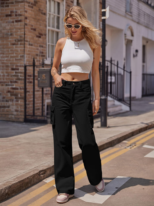 LOMMOJ Womens Cargo Jeans High Waisted Wide Leg Baggy Denim Cargo Pants Flap Pocket Y2K Streetwear Casual Trousers