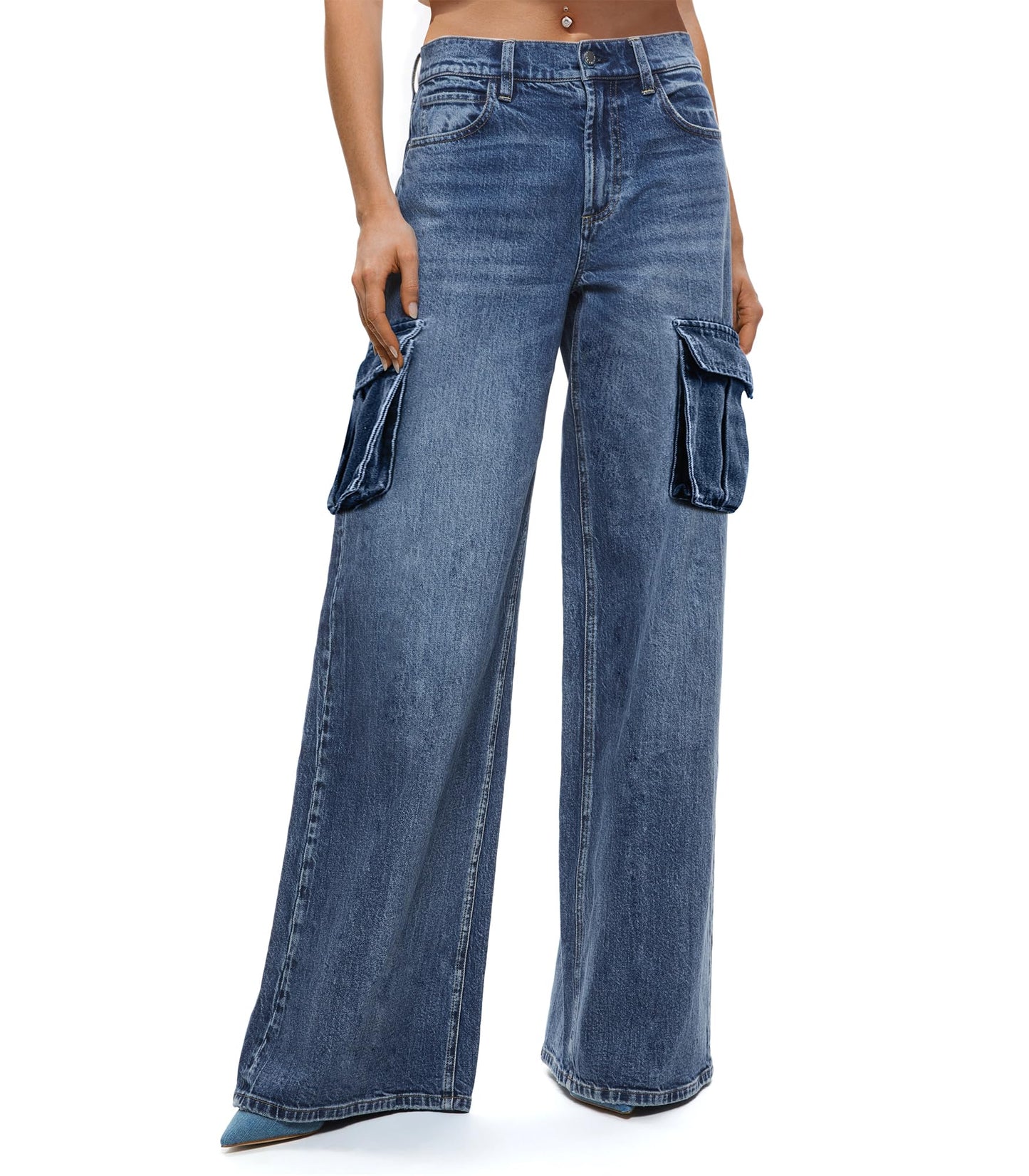 LOMMOJ Womens Cargo Jeans High Waisted Wide Leg Baggy Denim Cargo Pants Flap Pocket Y2K Streetwear Casual Trousers