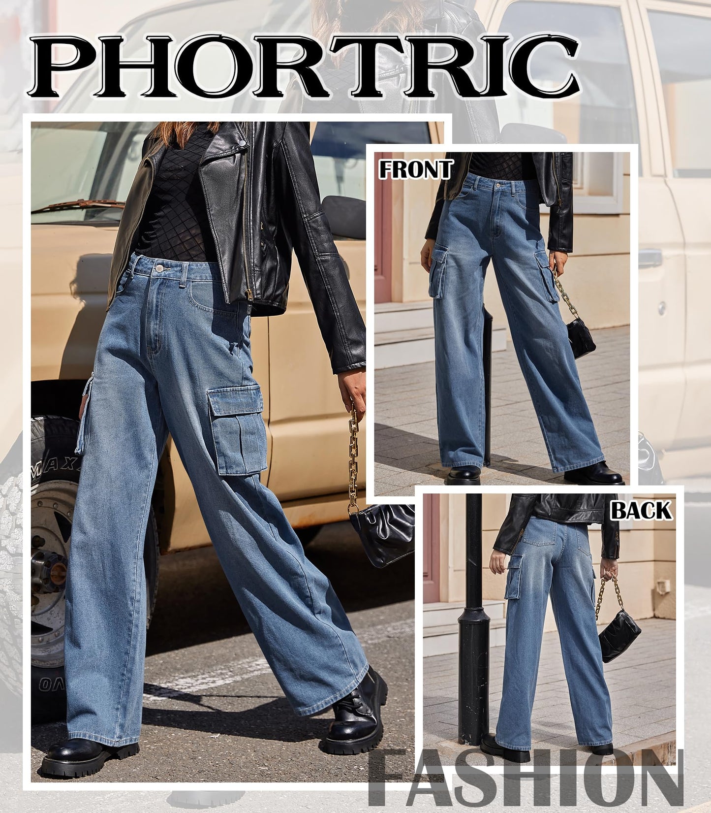 LOMMOJ Womens Cargo Jeans High Waisted Wide Leg Baggy Denim Cargo Pants Flap Pocket Y2K Streetwear Casual Trousers