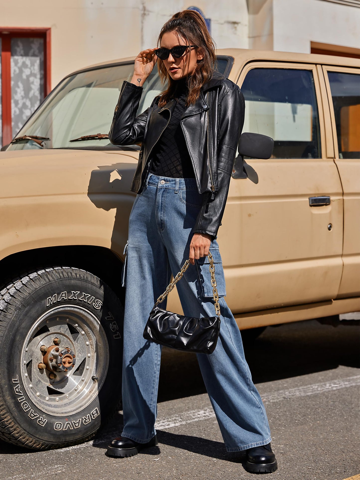 LOMMOJ Womens Cargo Jeans High Waisted Wide Leg Baggy Denim Cargo Pants Flap Pocket Y2K Streetwear Casual Trousers
