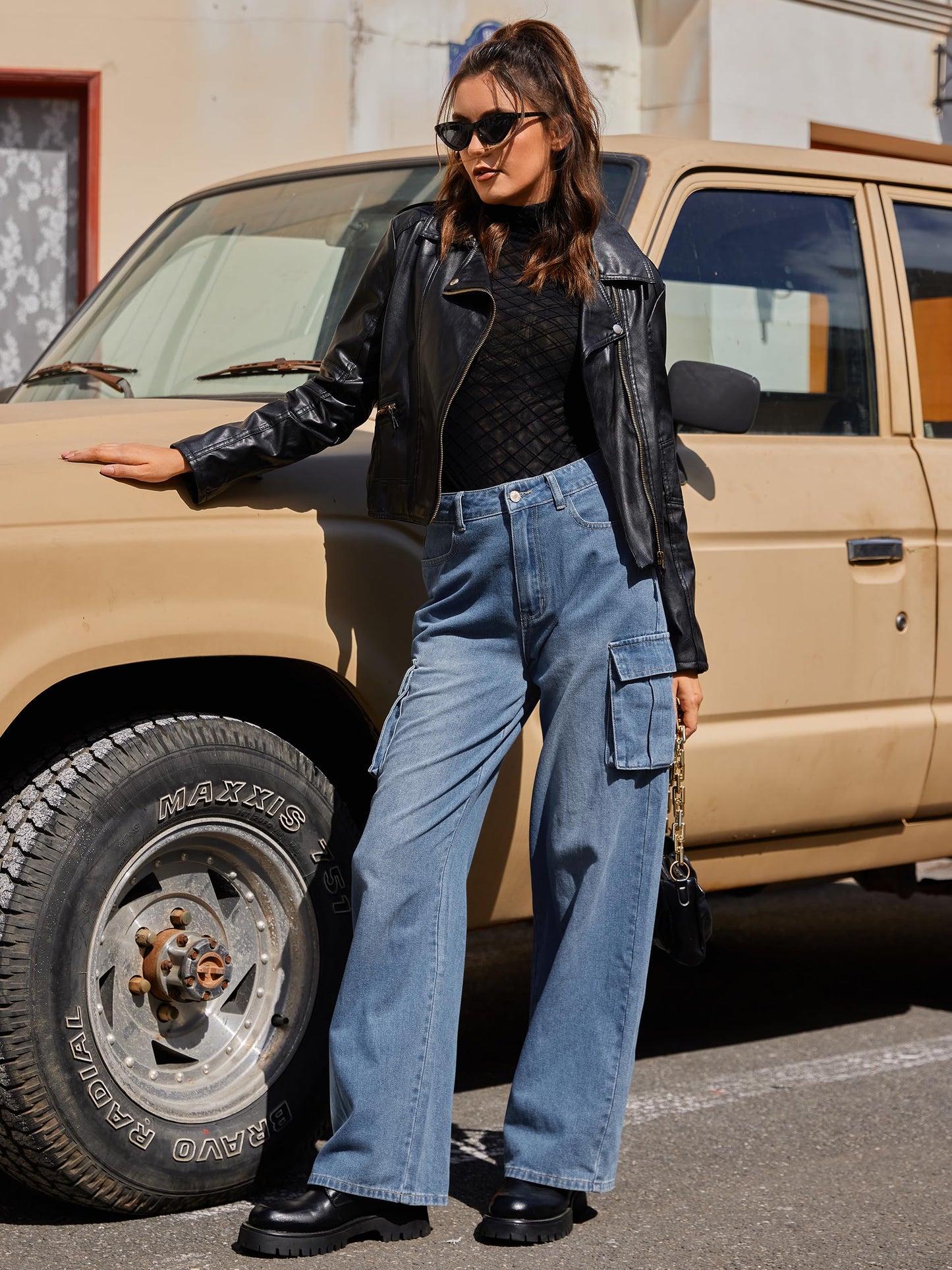 LOMMOJ Womens Cargo Jeans High Waisted Wide Leg Baggy Denim Cargo Pants Flap Pocket Y2K Streetwear Casual Trousers