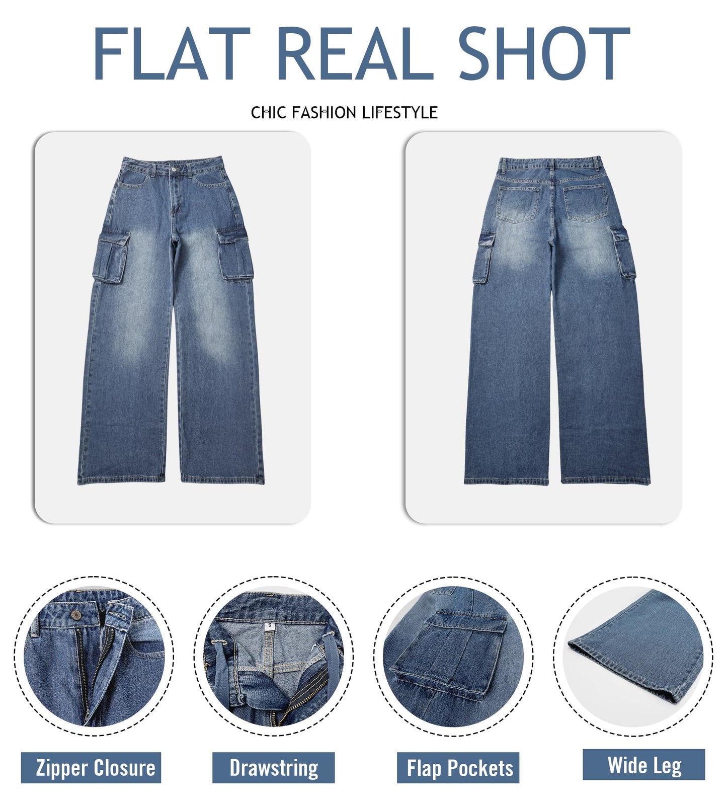 LOMMOJ Womens Cargo Jeans High Waisted Wide Leg Baggy Denim Cargo Pants Flap Pocket Y2K Streetwear Casual Trousers