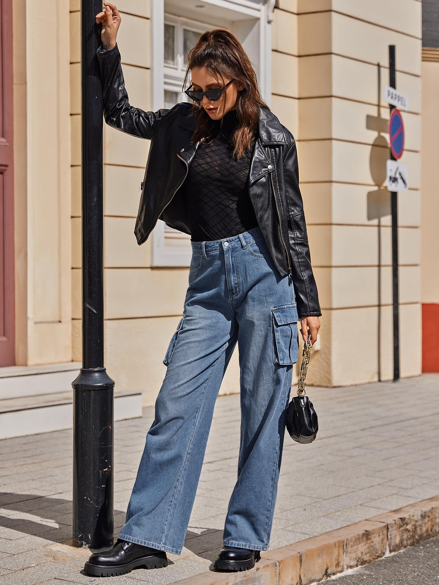 LOMMOJ Womens Cargo Jeans High Waisted Wide Leg Baggy Denim Cargo Pants Flap Pocket Y2K Streetwear Casual Trousers