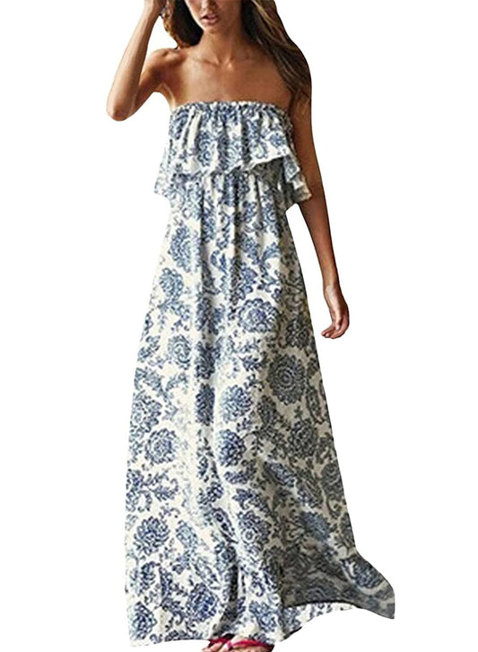 LOMMOJ Women's Summer Off The Shoulder Maxi Dress Ruffle Strapless Blue White Porcelain Boho Casual Loose Long Dress
