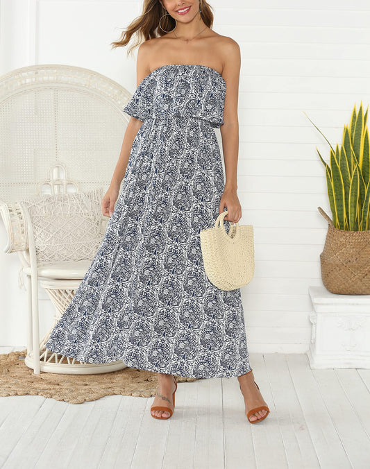 LOMMOJ Women's Summer Off The Shoulder Maxi Dress Ruffle Strapless Blue White Porcelain Boho Casual Loose Long Dress