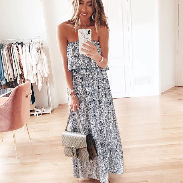 LOMMOJ Women's Summer Off The Shoulder Maxi Dress Ruffle Strapless Blue White Porcelain Boho Casual Loose Long Dress