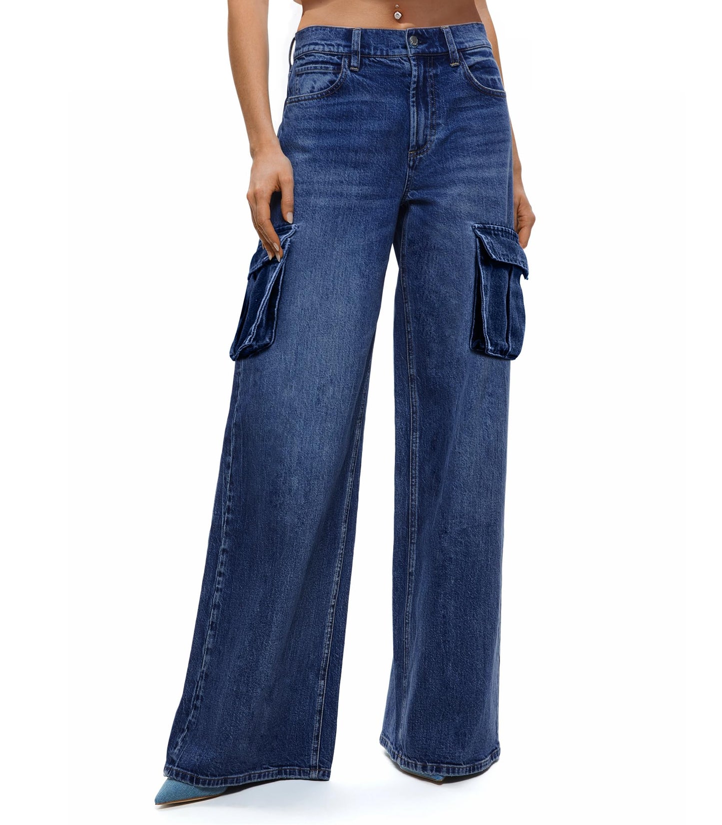 LOMMOJ Womens Cargo Jeans High Waisted Wide Leg Baggy Denim Cargo Pants Flap Pocket Y2K Streetwear Casual Trousers