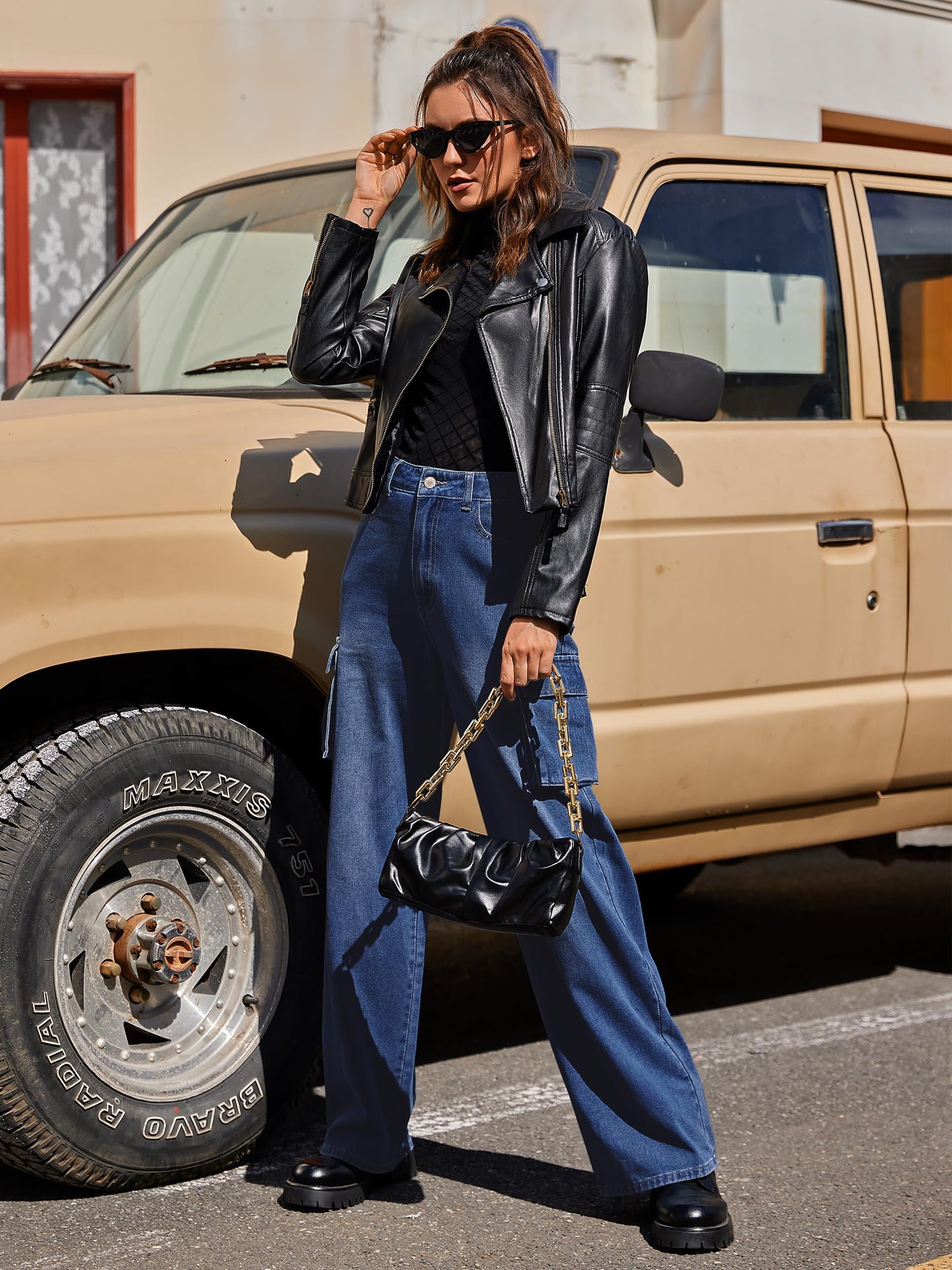 LOMMOJ Womens Cargo Jeans High Waisted Wide Leg Baggy Denim Cargo Pants Flap Pocket Y2K Streetwear Casual Trousers