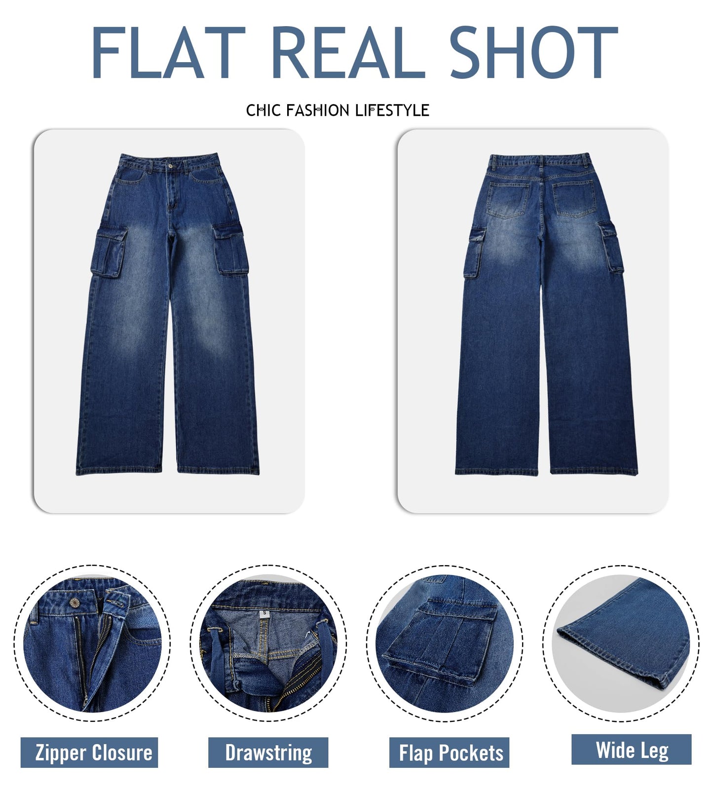 LOMMOJ Womens Cargo Jeans High Waisted Wide Leg Baggy Denim Cargo Pants Flap Pocket Y2K Streetwear Casual Trousers