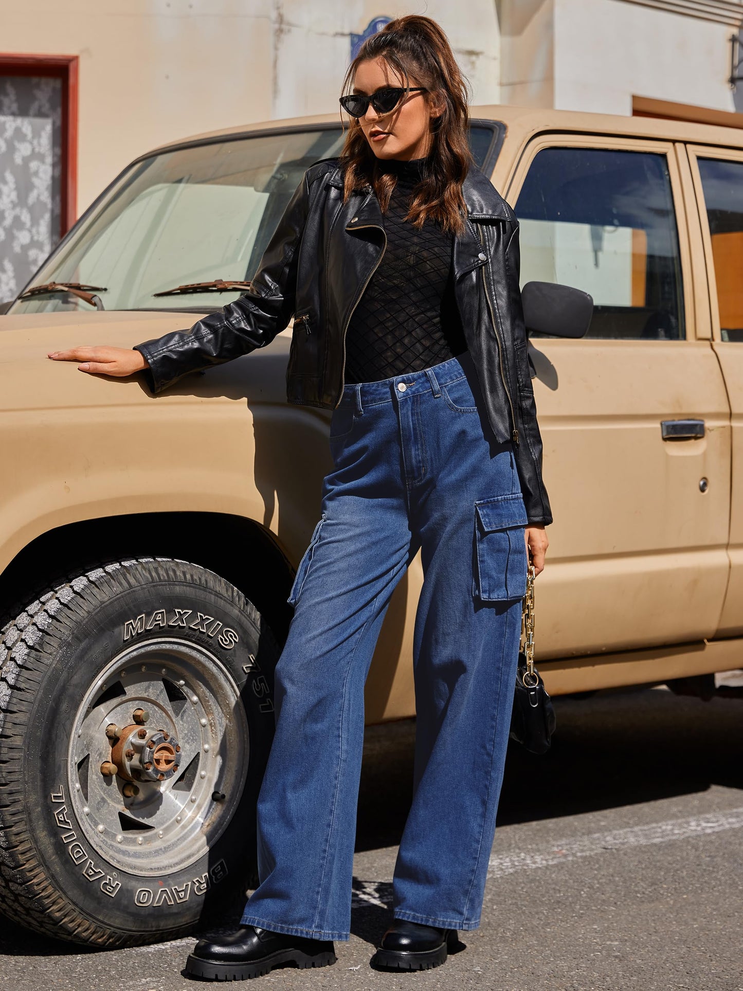 LOMMOJ Womens Cargo Jeans High Waisted Wide Leg Baggy Denim Cargo Pants Flap Pocket Y2K Streetwear Casual Trousers