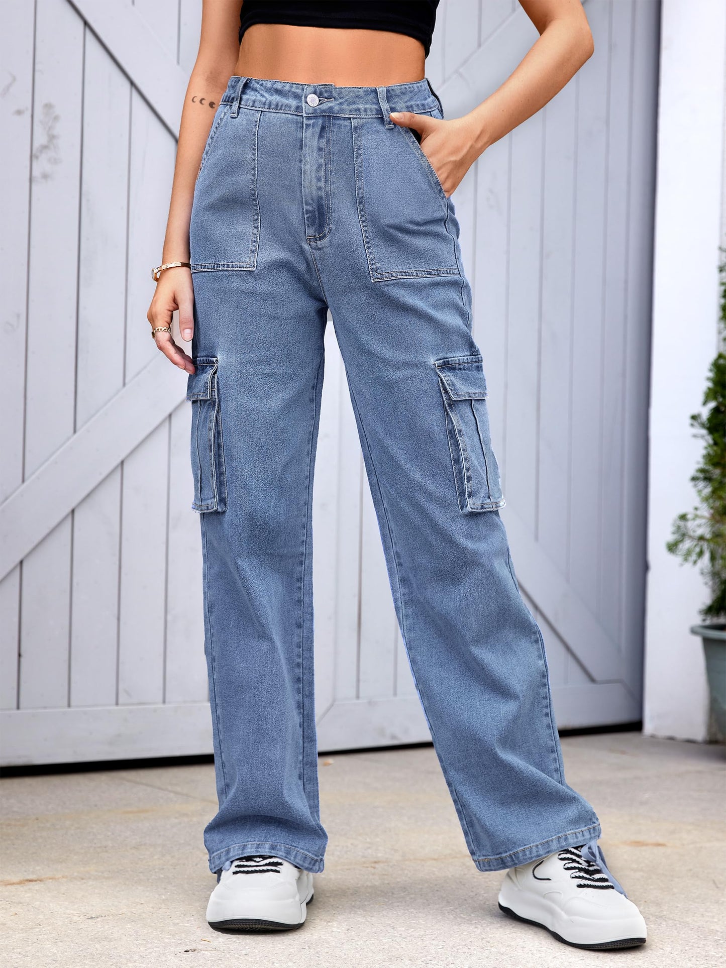 LOMMOJ Women High Waisted Cargo Pants Wide Leg Casual Pants 6 Pockets Combat Military Trousers