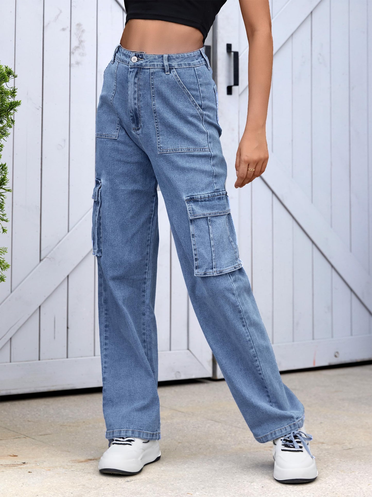 LOMMOJ Women High Waisted Cargo Pants Wide Leg Casual Pants 6 Pockets Combat Military Trousers