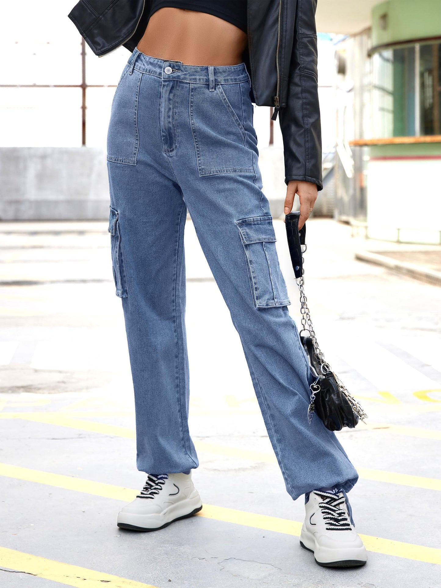 LOMMOJ Women High Waisted Cargo Pants Wide Leg Casual Pants 6 Pockets Combat Military Trousers
