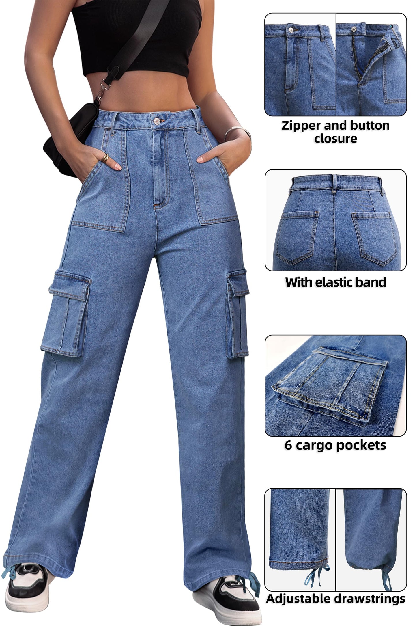 LOMMOJ Women High Waisted Cargo Pants Wide Leg Casual Pants 6 Pockets Combat Military Trousers