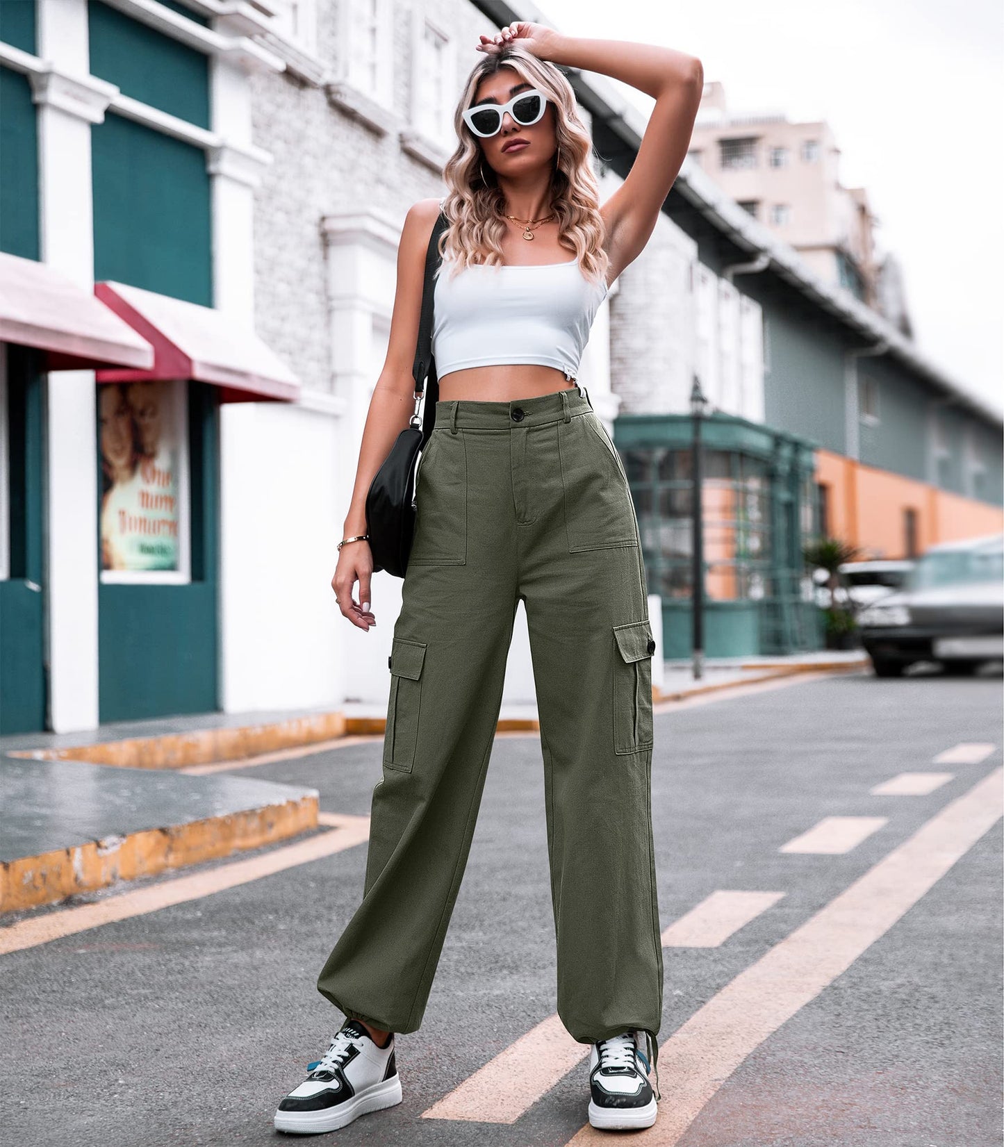 LOMMOJ Women High Waisted Cargo Pants Wide Leg Casual Pants 6 Pockets Combat Military Trousers