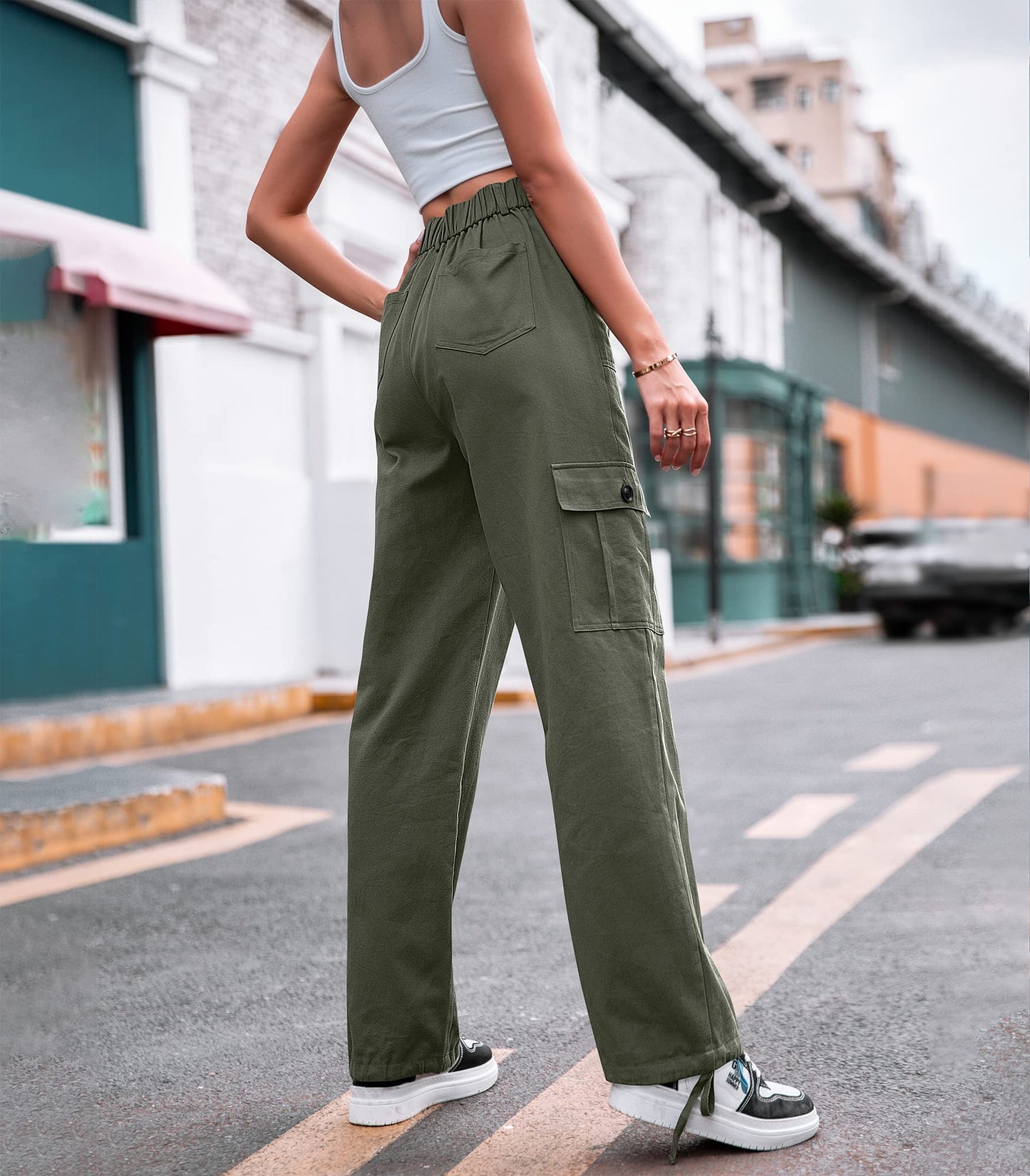 LOMMOJ Women High Waisted Cargo Pants Wide Leg Casual Pants 6 Pockets Combat Military Trousers
