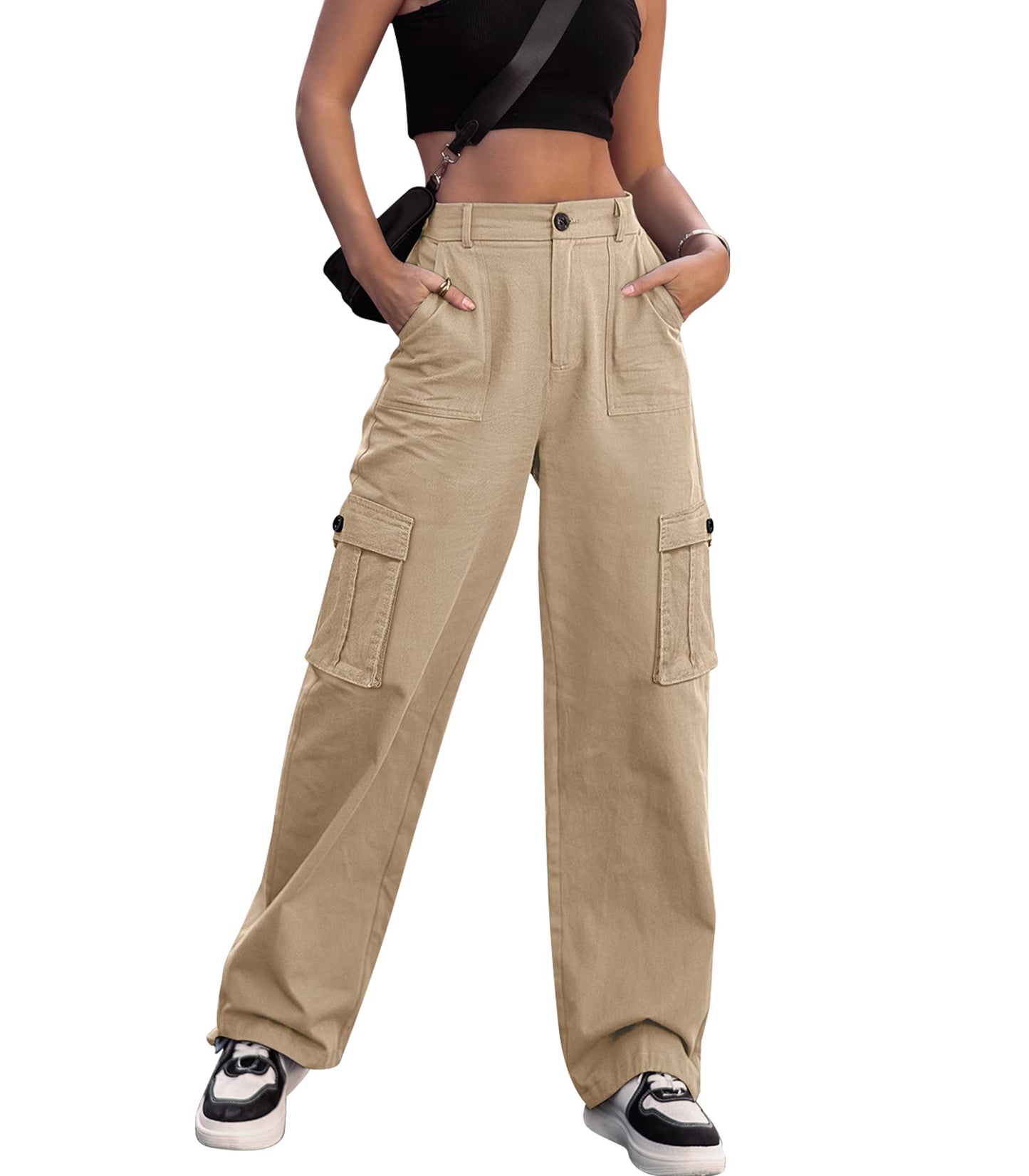 LOMMOJ Women High Waisted Cargo Pants Wide Leg Casual Pants 6 Pockets Combat Military Trousers