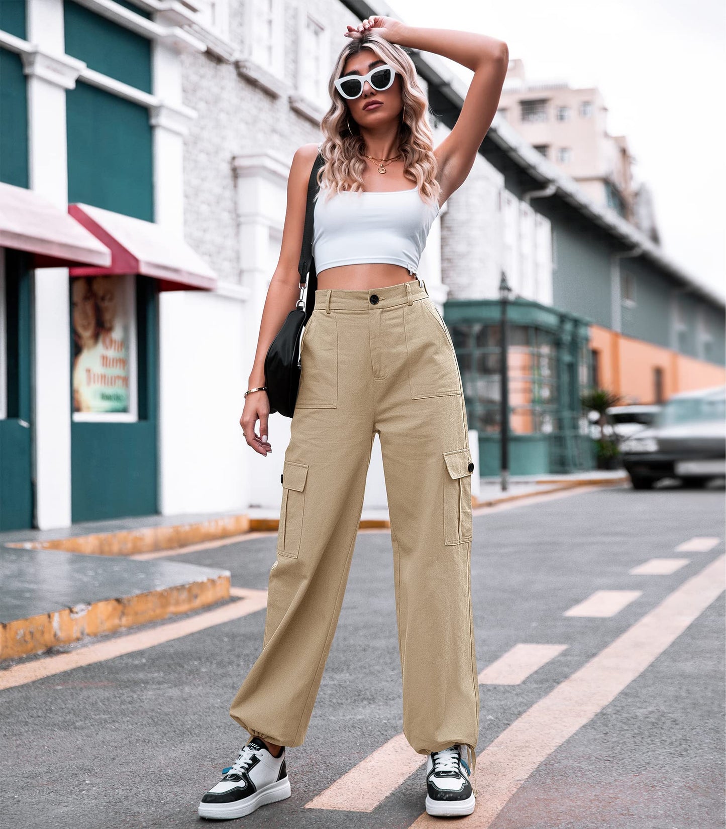 LOMMOJ Women High Waisted Cargo Pants Wide Leg Casual Pants 6 Pockets Combat Military Trousers