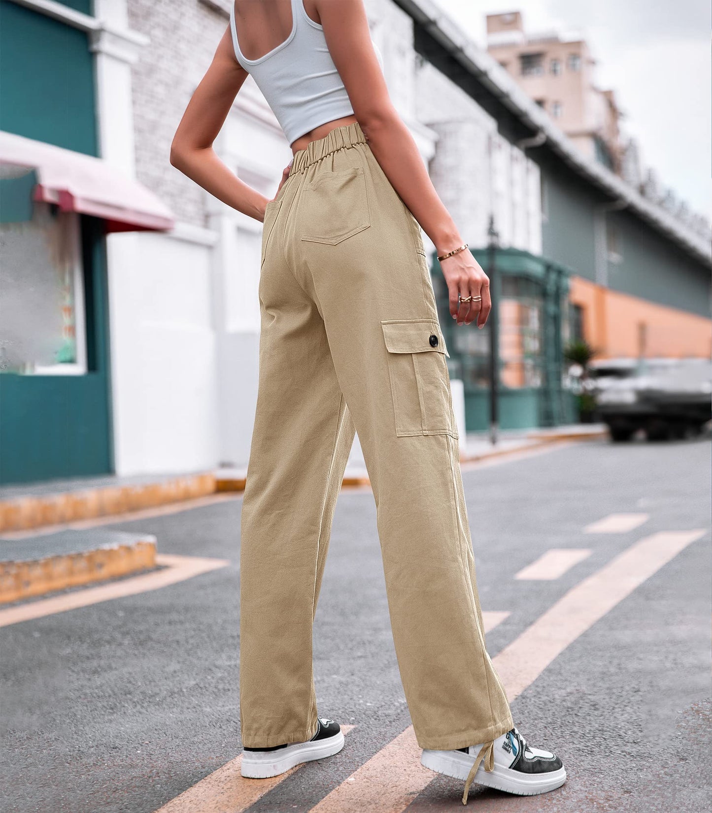 LOMMOJ Women High Waisted Cargo Pants Wide Leg Casual Pants 6 Pockets Combat Military Trousers