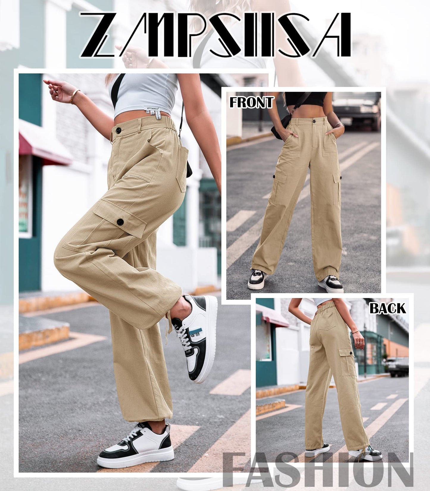 LOMMOJ Women High Waisted Cargo Pants Wide Leg Casual Pants 6 Pockets Combat Military Trousers