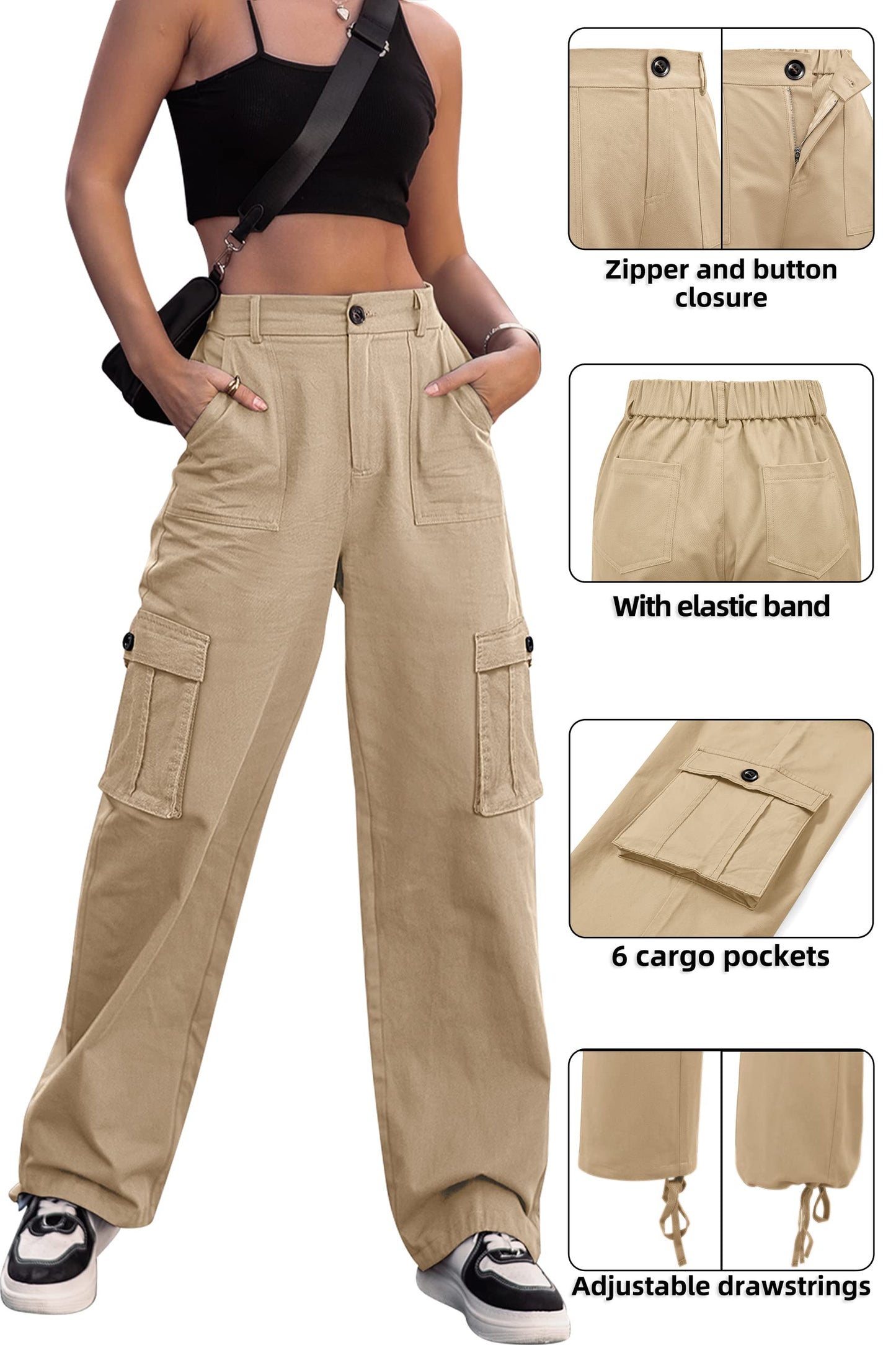 LOMMOJ Women High Waisted Cargo Pants Wide Leg Casual Pants 6 Pockets Combat Military Trousers