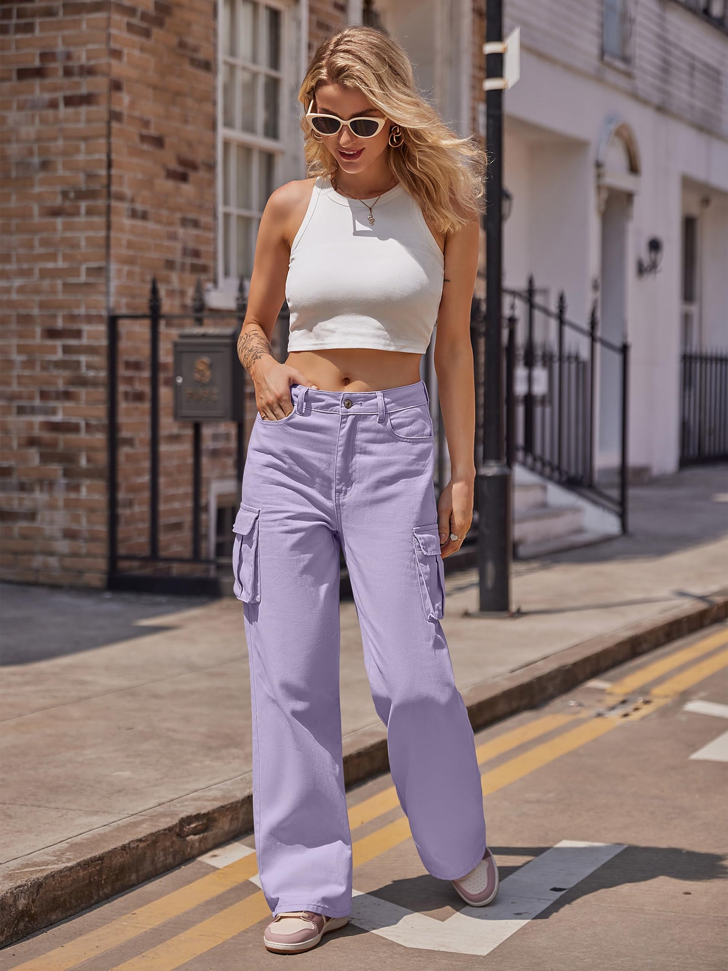 LOMMOJ Womens Cargo Jeans High Waisted Wide Leg Baggy Denim Cargo Pants Flap Pocket Y2K Streetwear Casual Trousers