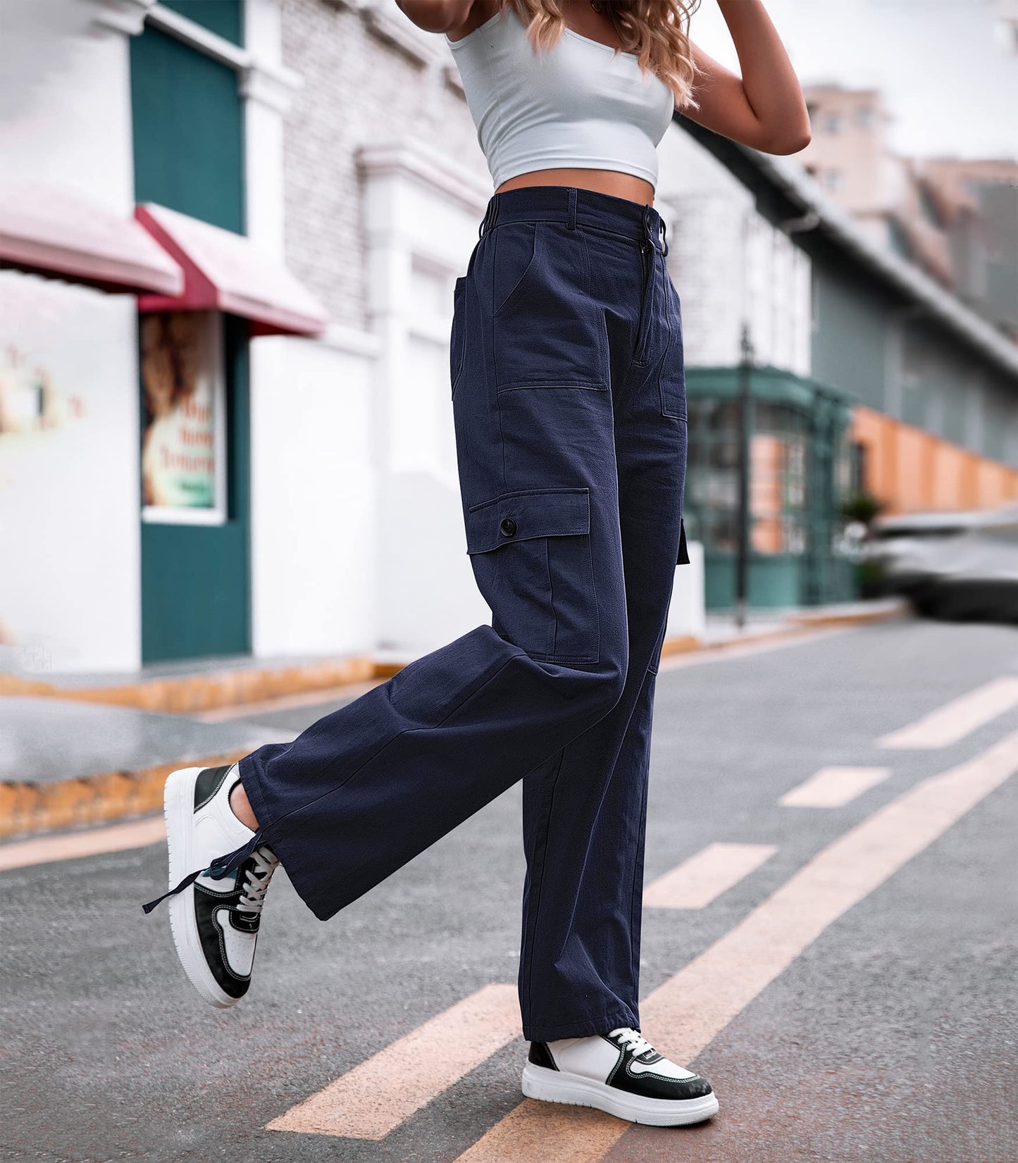 LOMMOJ Women High Waisted Cargo Pants Wide Leg Casual Pants 6 Pockets Combat Military Trousers
