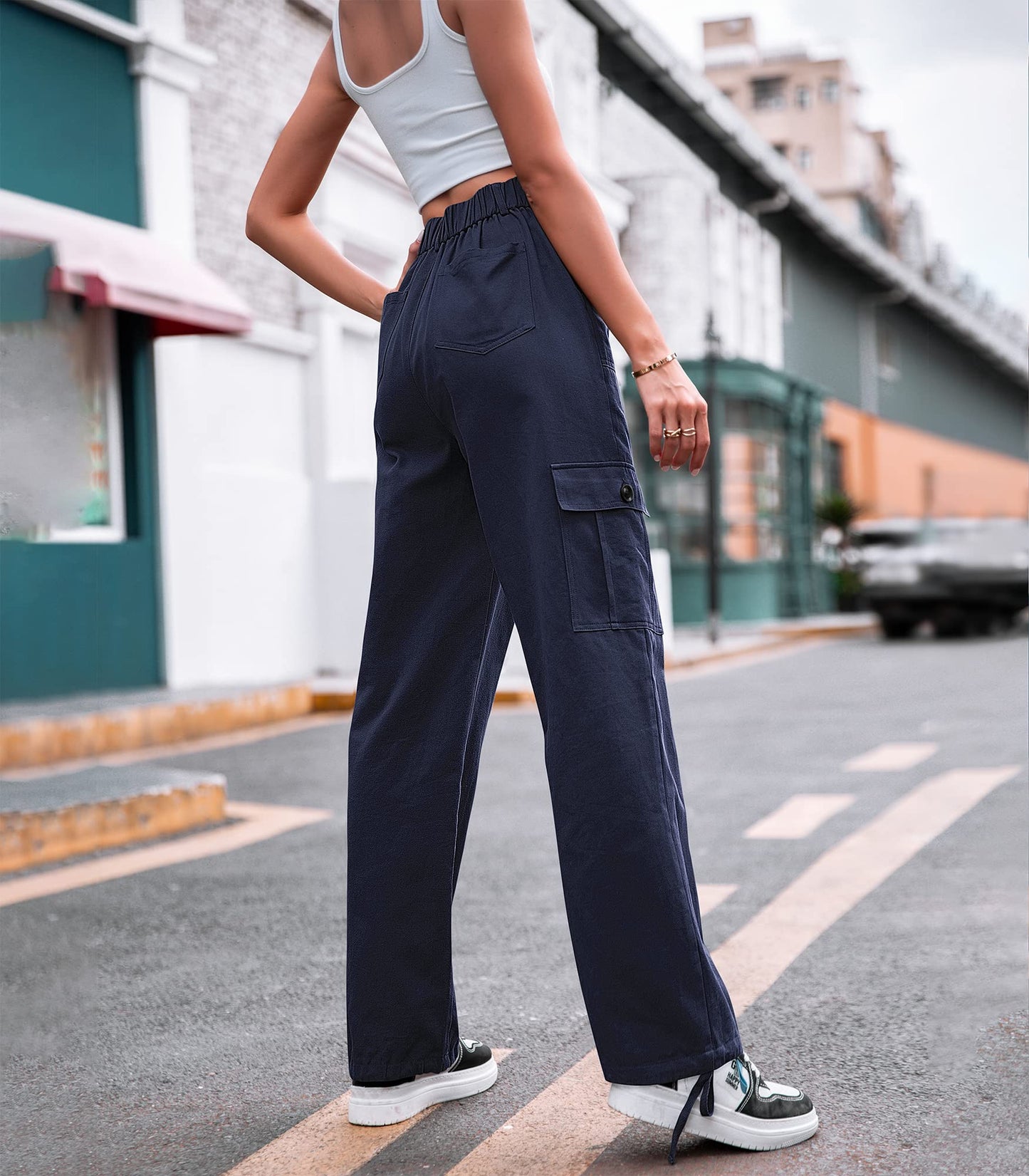 LOMMOJ Women High Waisted Cargo Pants Wide Leg Casual Pants 6 Pockets Combat Military Trousers