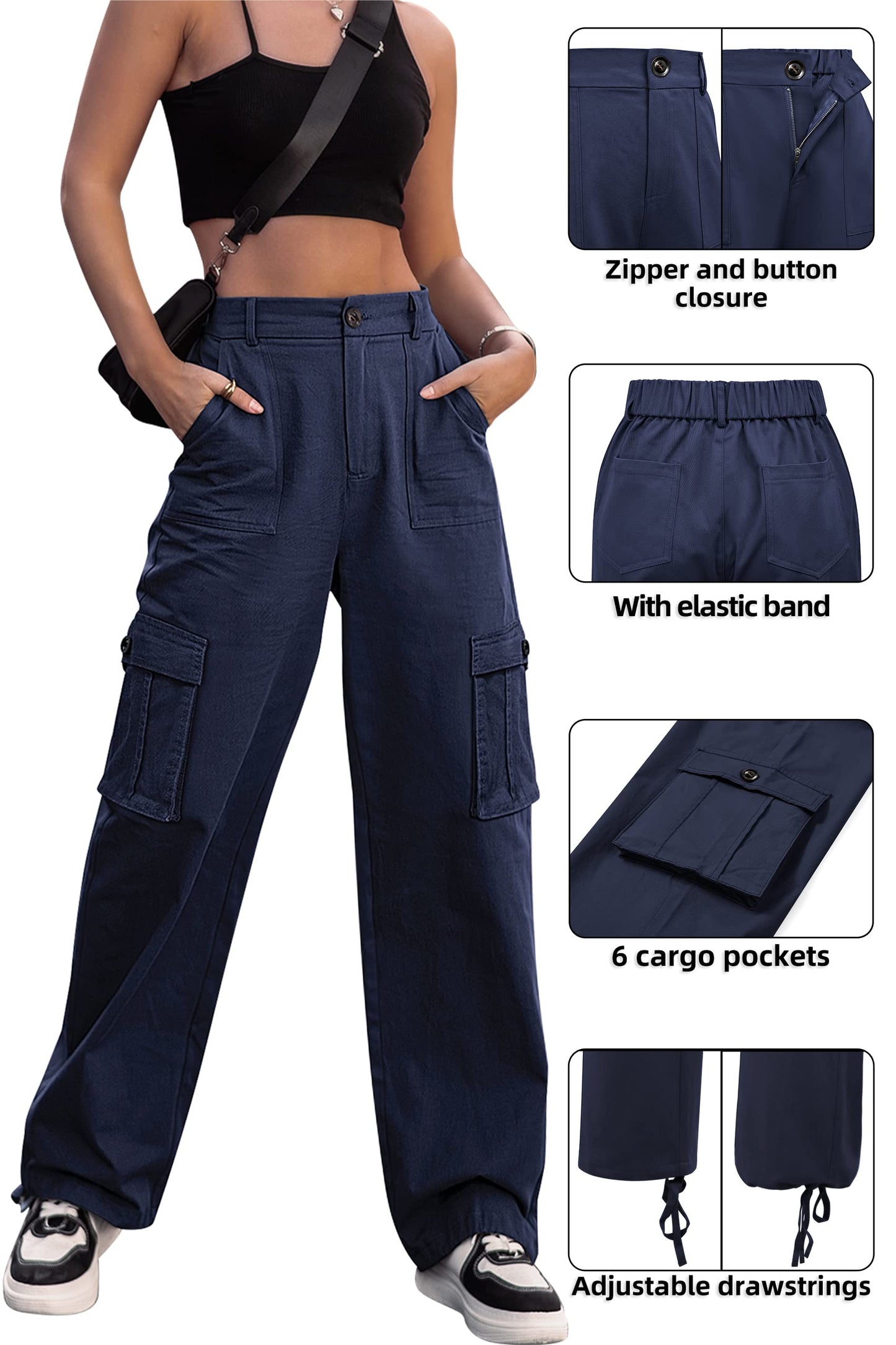 LOMMOJ Women High Waisted Cargo Pants Wide Leg Casual Pants 6 Pockets Combat Military Trousers