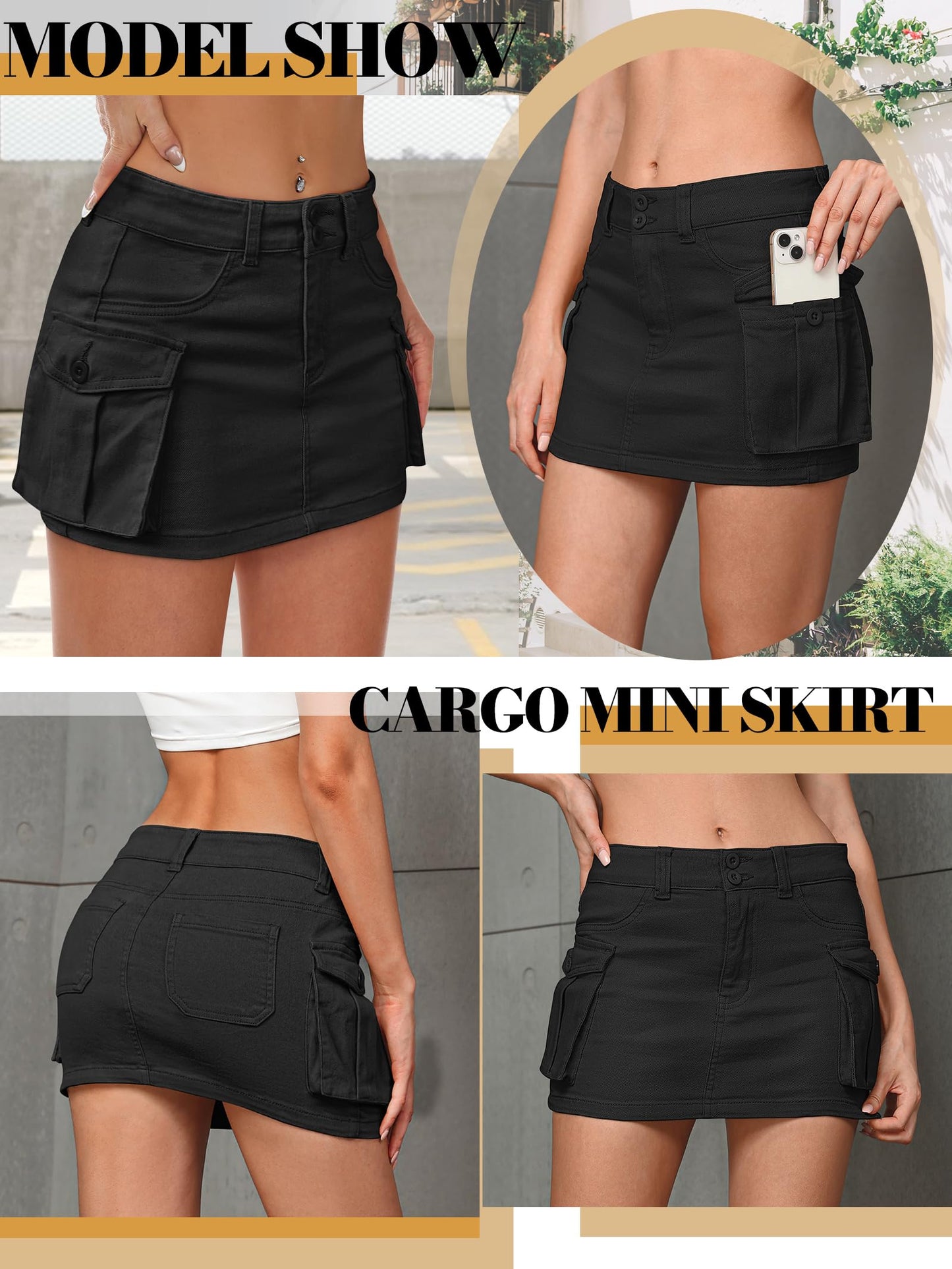 LOMMOJ Women Denim Cargo Skirt Mini Low Waist Button Bodycon Y2K Flap Pockets Skirts